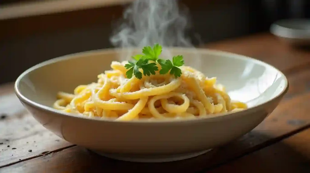 Creamy garlic parmesan pasta served in a bowl with parsley garnish.