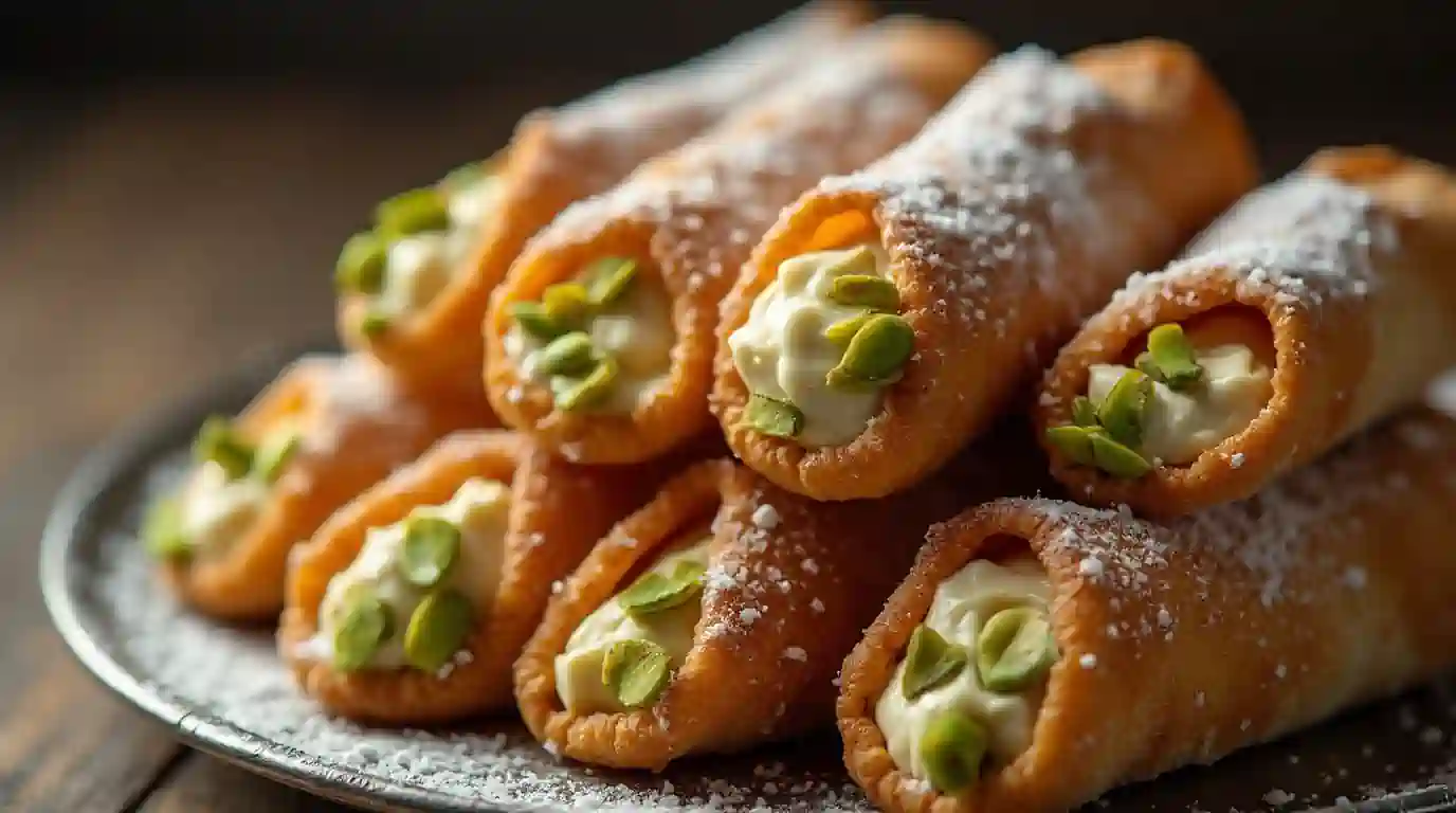 Authentic Sicilian cannoli with ricotta and pistachios
