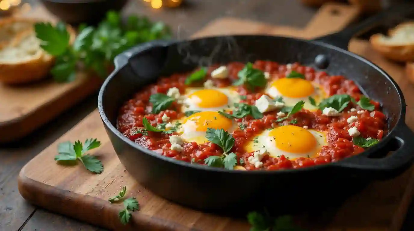 Traditional shakshuka in a cast-iron skillet
