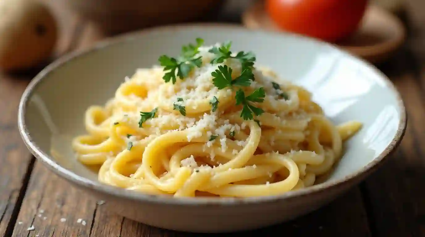 Creamy fettuccine Alfredo in a rustic bowl with Parmesan