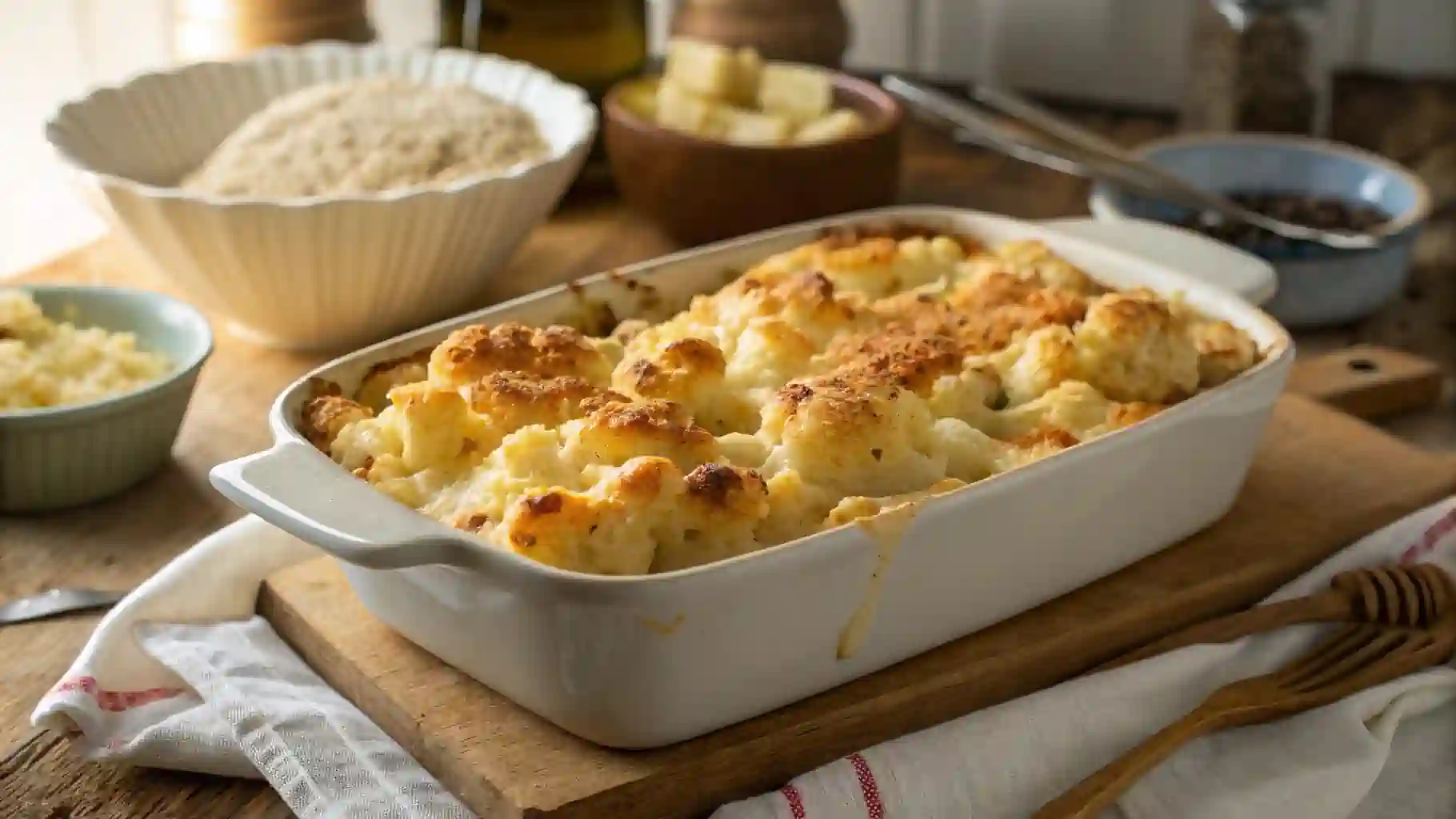 Cauliflower mac and cheese in a rustic casserole dish