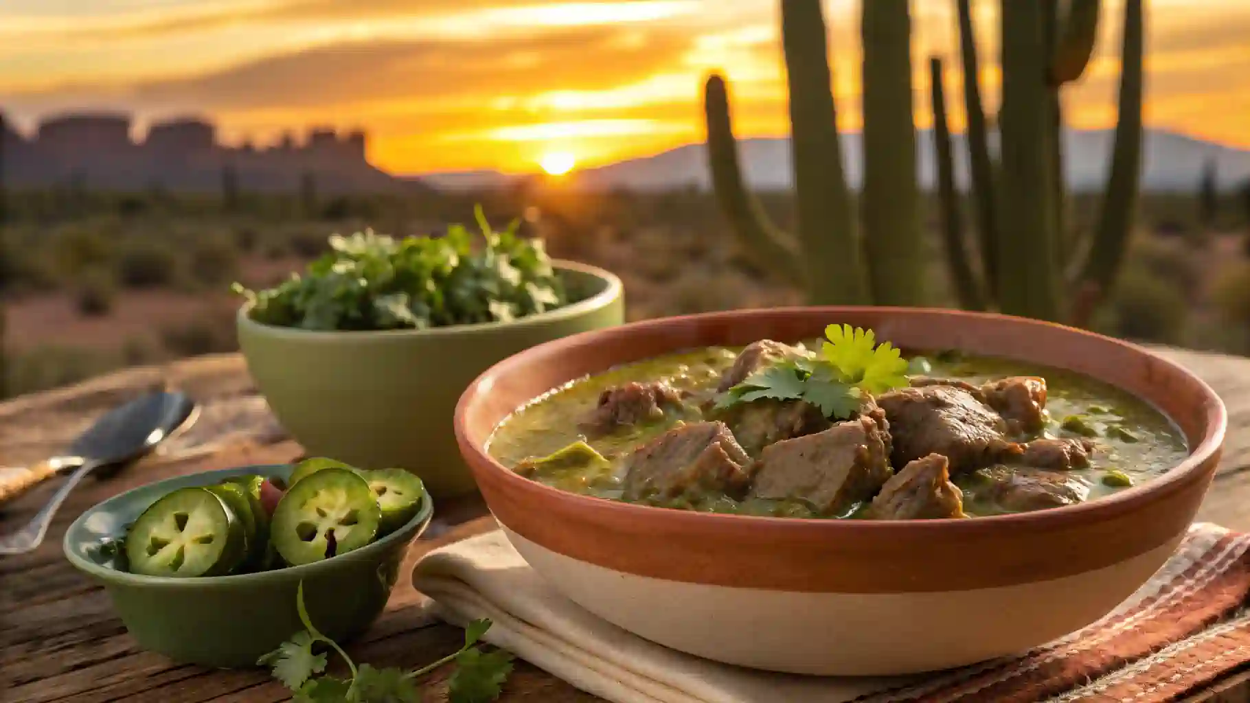 Bowl of Southwestern venison green chili with toppings