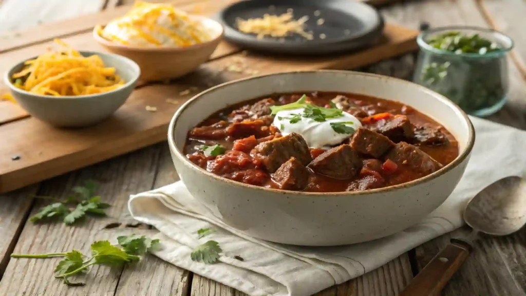 Bowl of hearty chili with beef brisket
