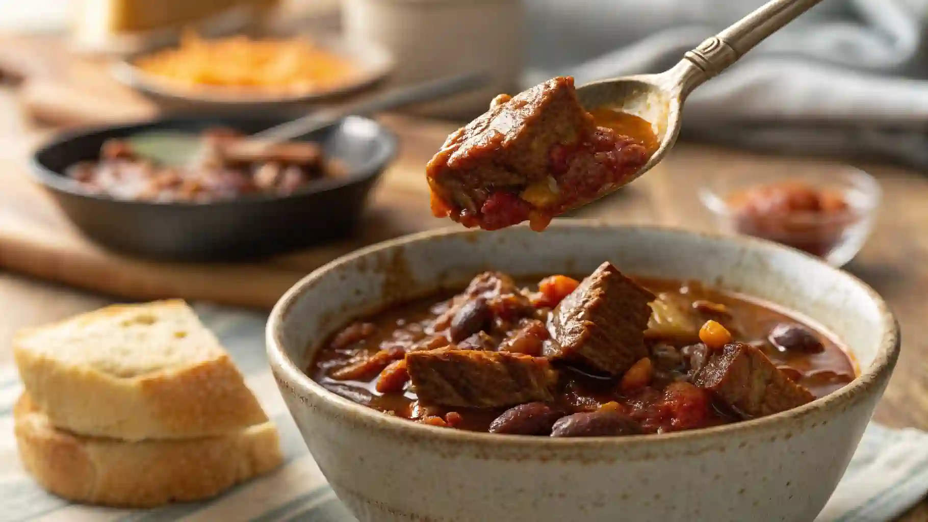 Bowl of smoky brisket chili with toppings