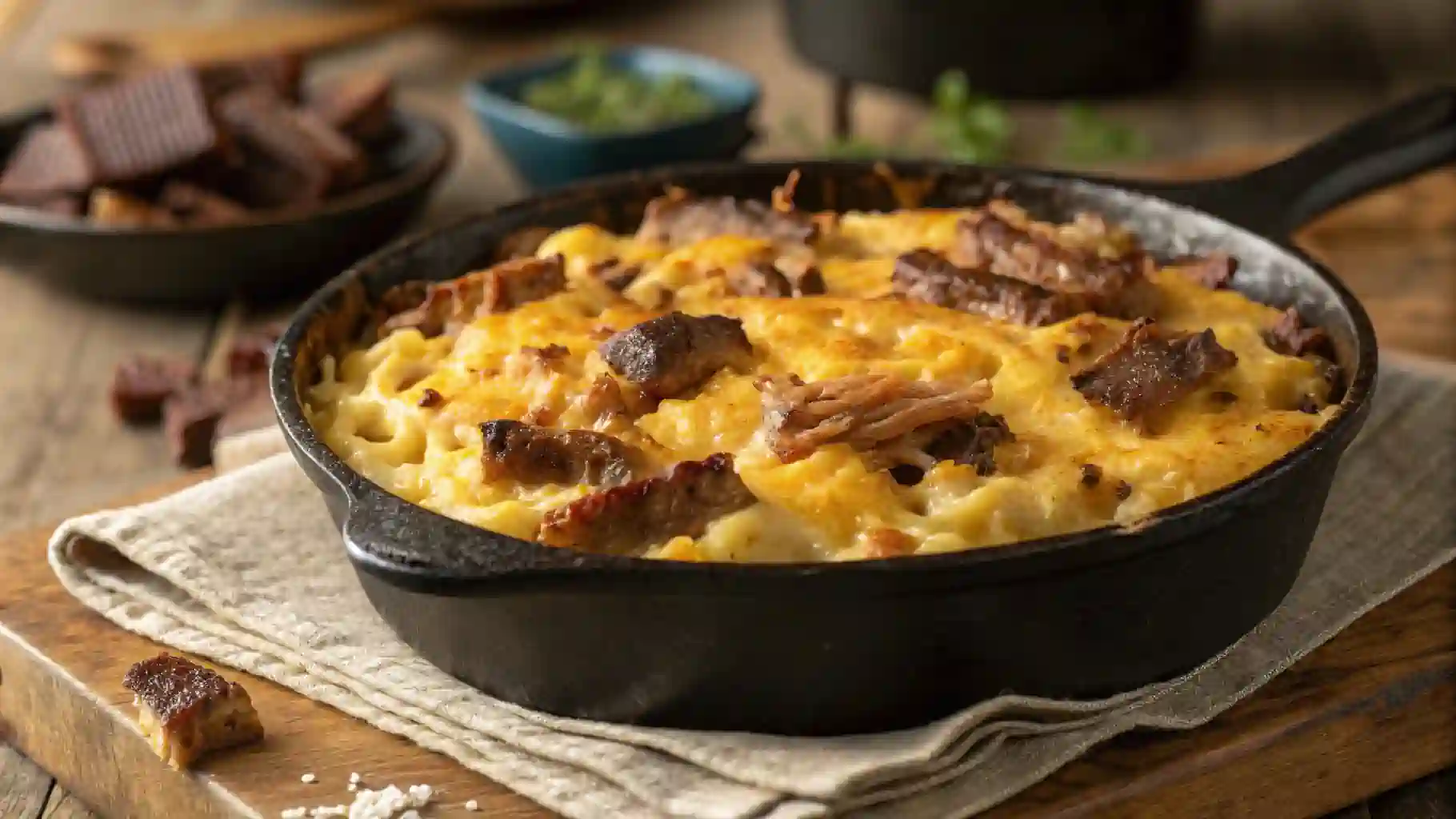 Smoked brisket mac and cheese in a cast iron skillet