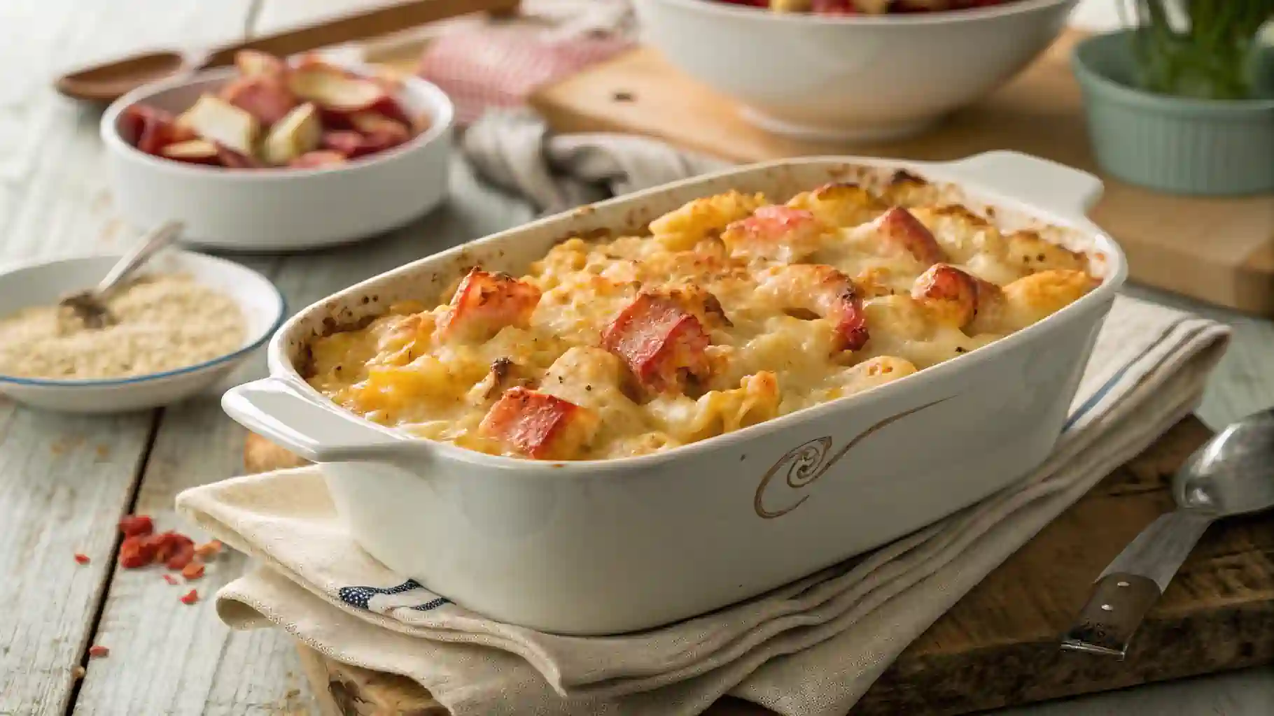 Rustic lobster mac and cheese in a casserole dish