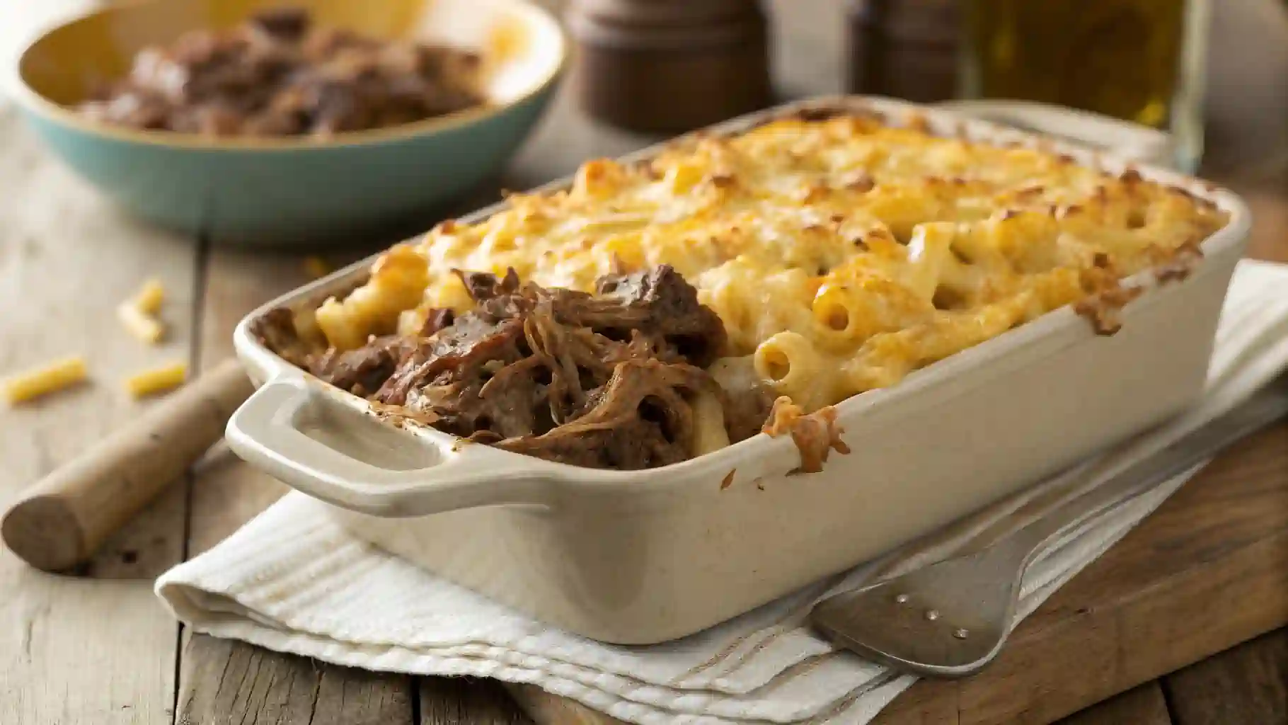 Slow-cooked brisket mac and cheese in a baking dish