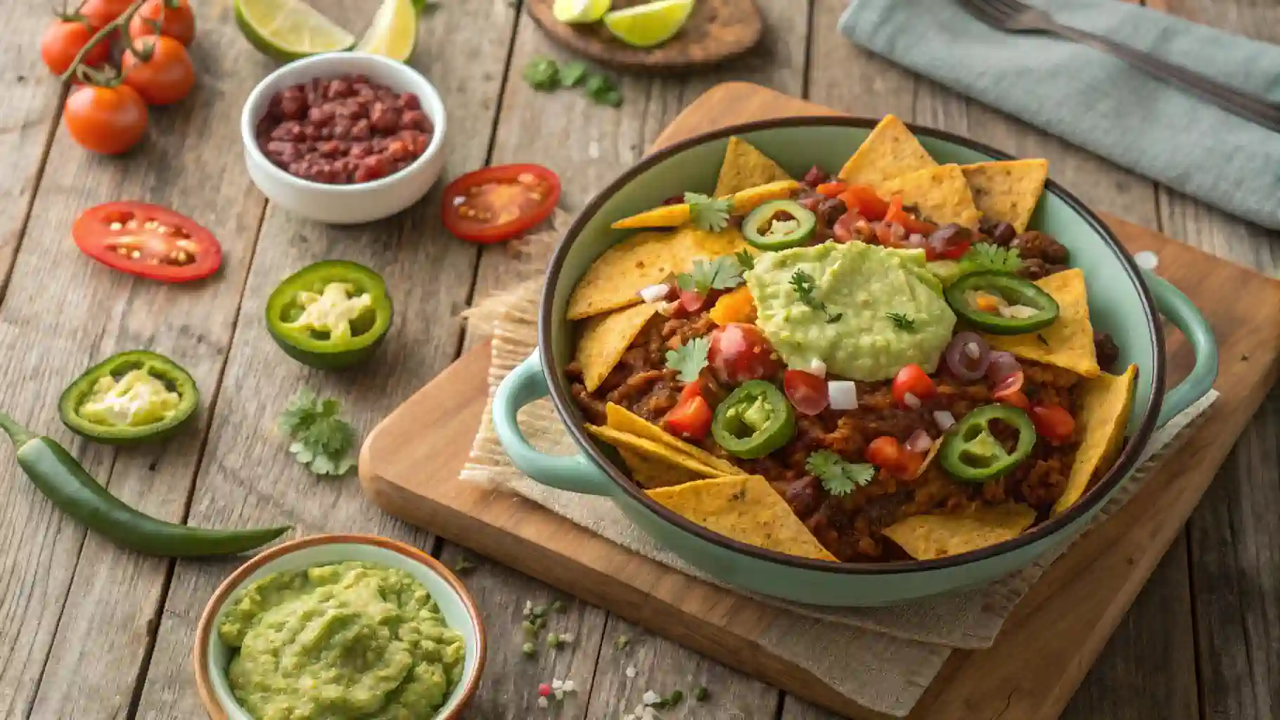 Loaded vegan chili nachos with toppings