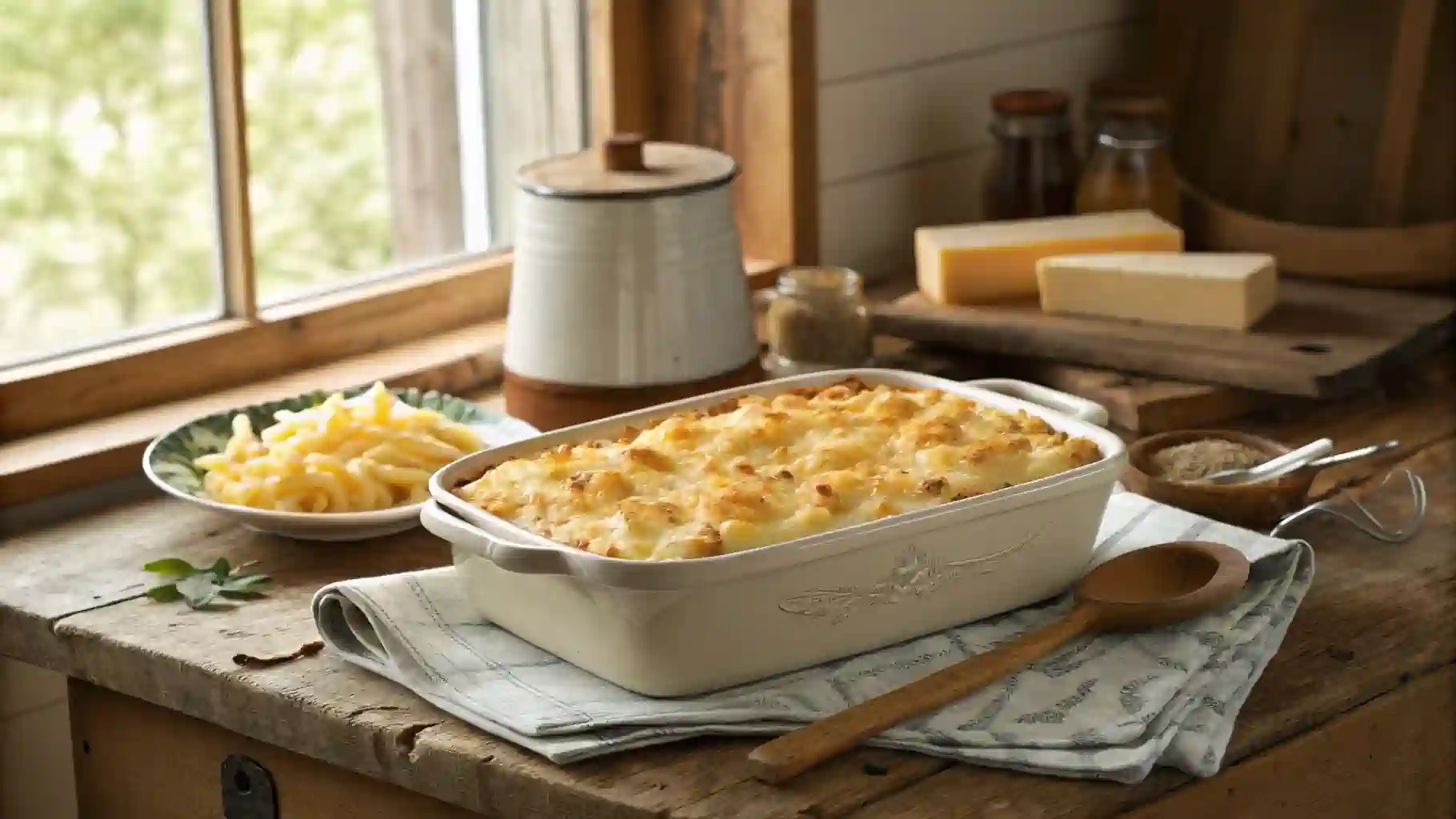 White cheddar mac and cheese in rustic casserole dish